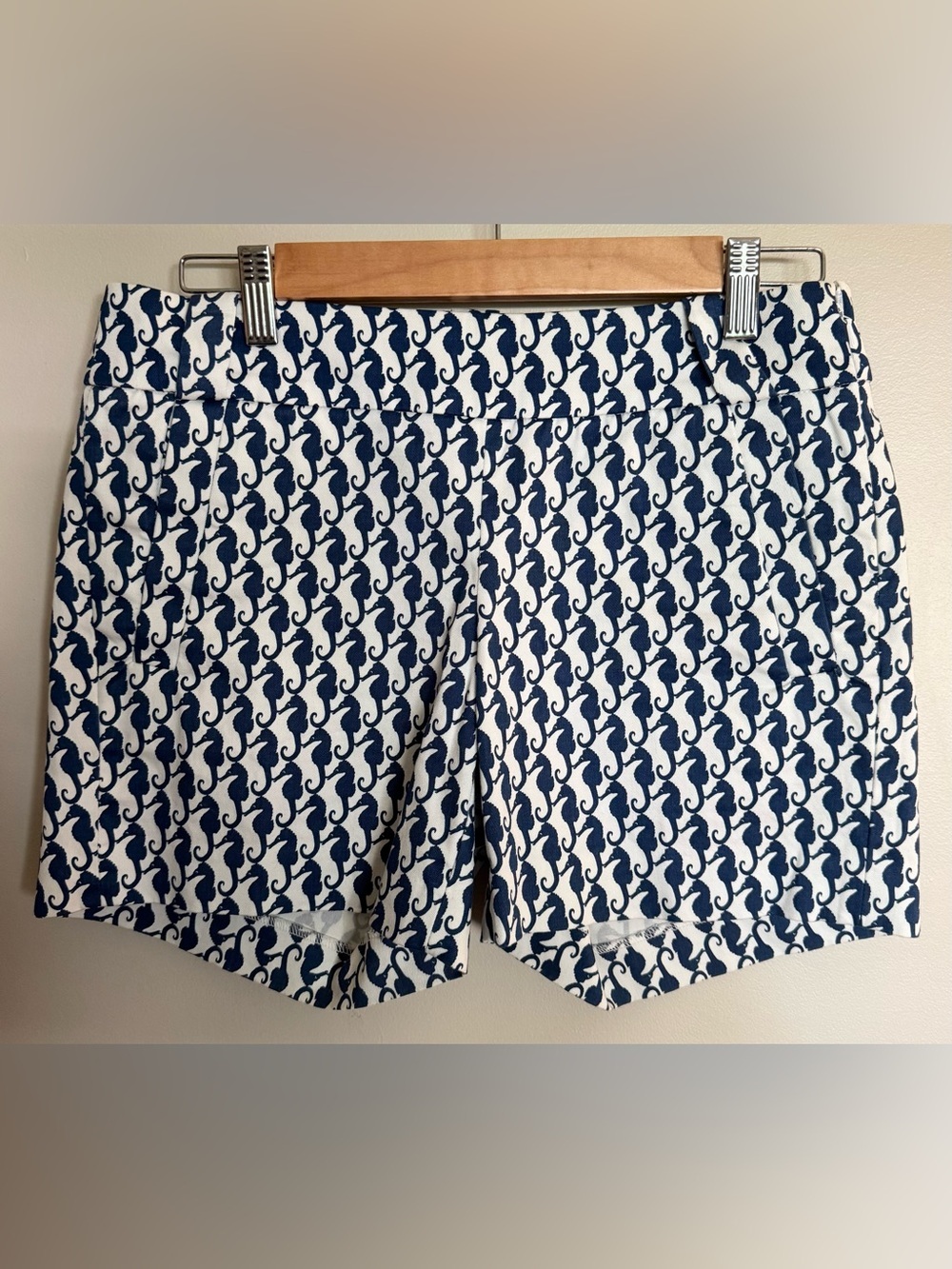 J.Crew Stretch Seahorse Print Shorts Women Sz 0 Blue White Cotton Preppy Coastal